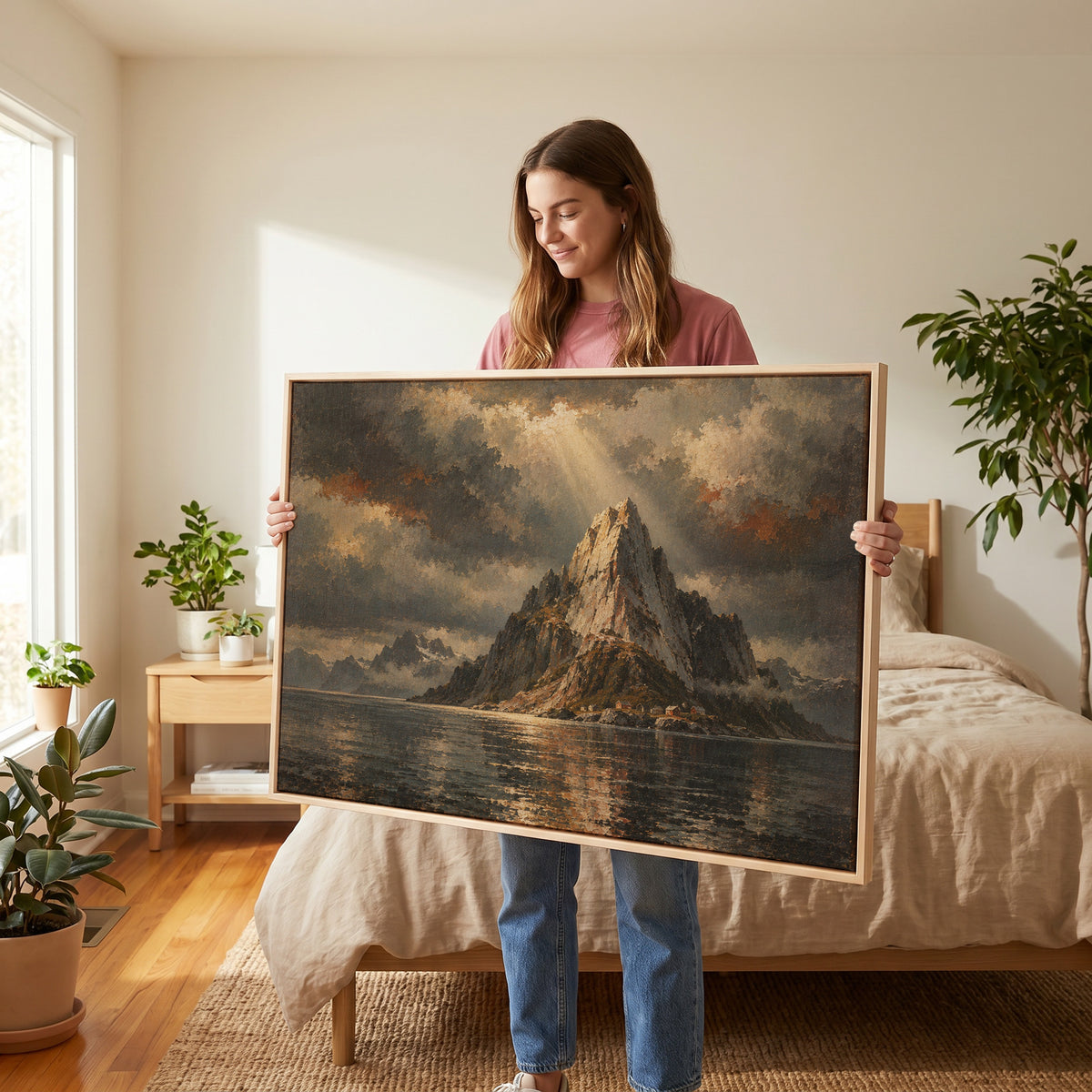 Sharp granite peak rising from dark water with tiny red cabins at its base, lofoten horizontal canvas print