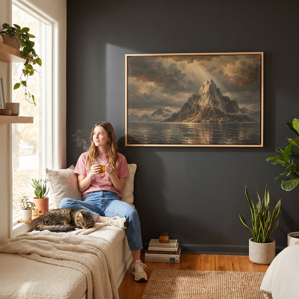 Moody landscape canvas wall art showing sharp granite peak rising from dark water with tiny red cabins at its base
