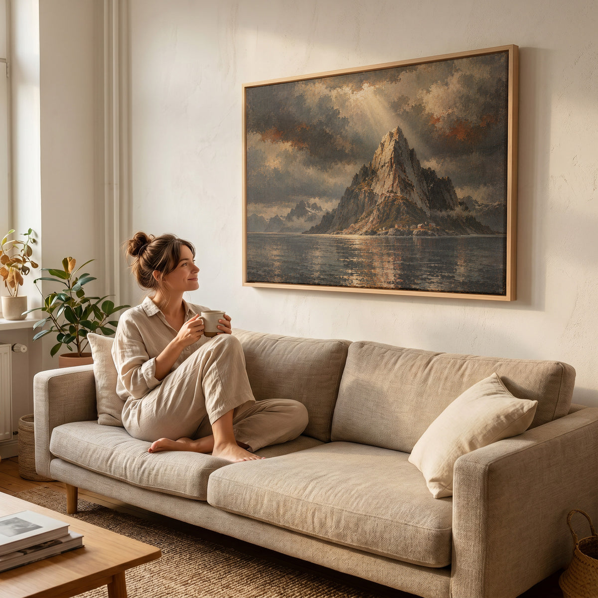 Fjord canvas wall art showing sharp granite peak rising from dark water with tiny red cabins at its base