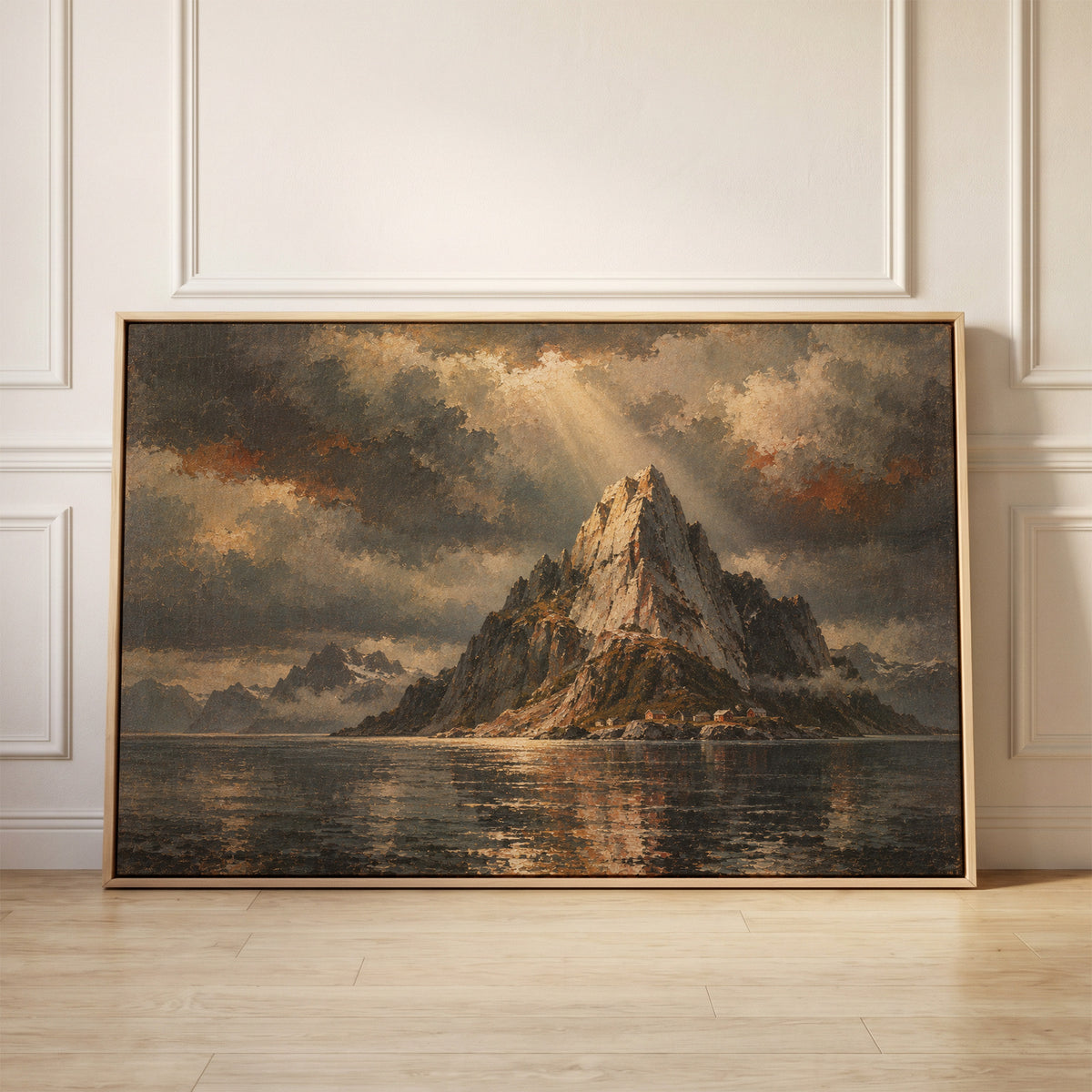 Sharp granite peak rising from dark water with tiny red cabins at its base, canvas wall art