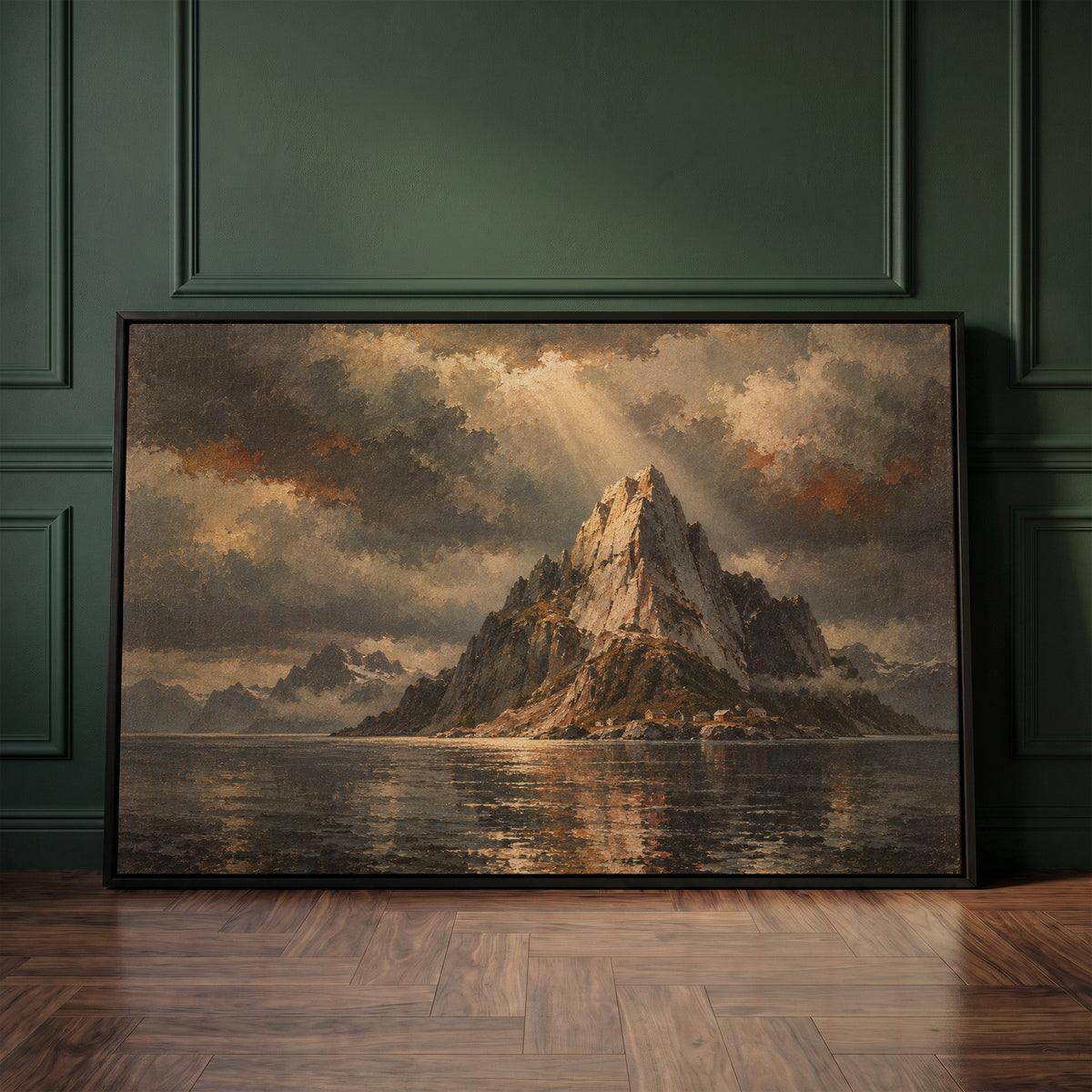 Coastal canvas wall art showing sharp granite peak rising from dark water with tiny red cabins at its base