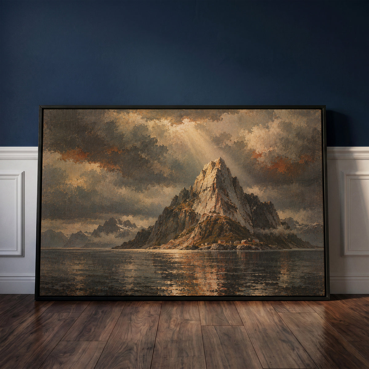 Dramatic canvas wall art showing sharp granite peak rising from dark water with tiny red cabins at its base