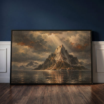 Dramatic canvas wall art showing sharp granite peak rising from dark water with tiny red cabins at its base