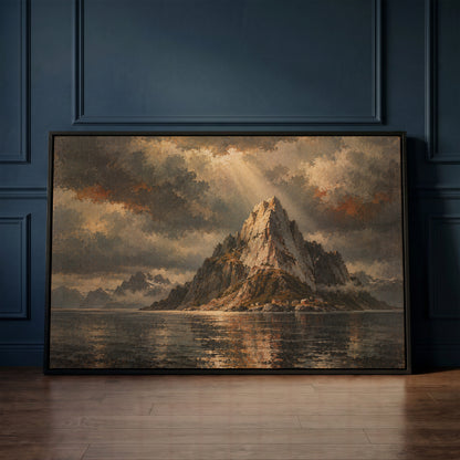 Nordic canvas wall art showing sharp granite peak rising from dark water with tiny red cabins at its base