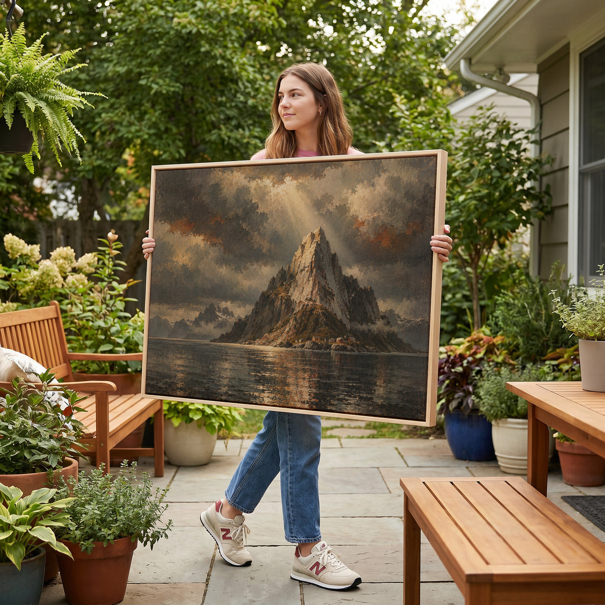 Sharp granite peak rising from dark water with tiny red cabins at its base, canvas art print