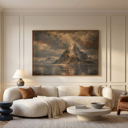 Lofoten canvas wall art showing sharp granite peak rising from dark water with tiny red cabins at its base