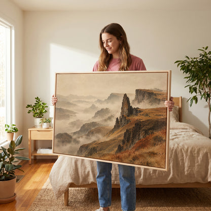 Rock pinnacle and flat topped plateau above misty ridges falling to a distant loch, canvas art print