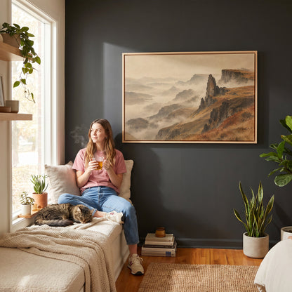 Travel canvas wall art showing rock pinnacle and flat topped plateau above misty ridges falling to a distant loch