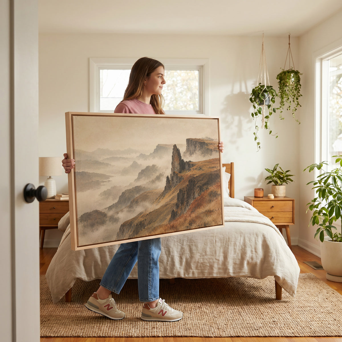Rock pinnacle and flat topped plateau above misty ridges falling to a distant loch, canvas print