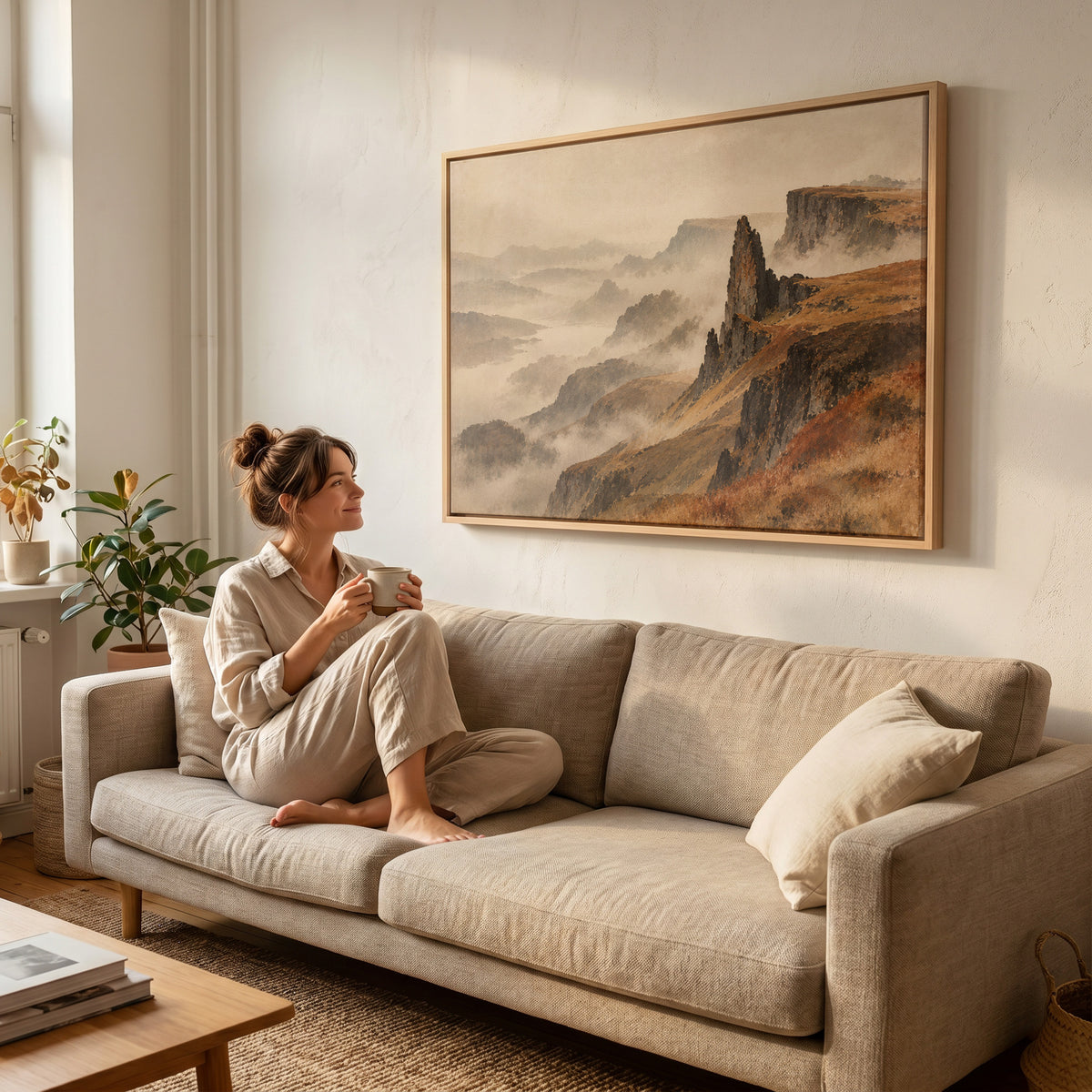 Nature canvas wall art showing rock pinnacle and flat topped plateau above misty ridges falling to a distant loch