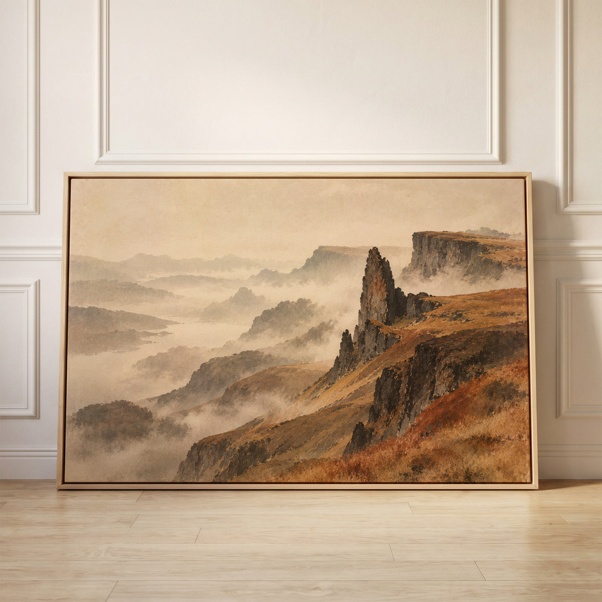 Rock pinnacle and flat topped plateau above misty ridges falling to a distant loch, canvas wall art