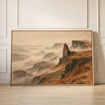 Rock pinnacle and flat topped plateau above misty ridges falling to a distant loch, canvas wall art