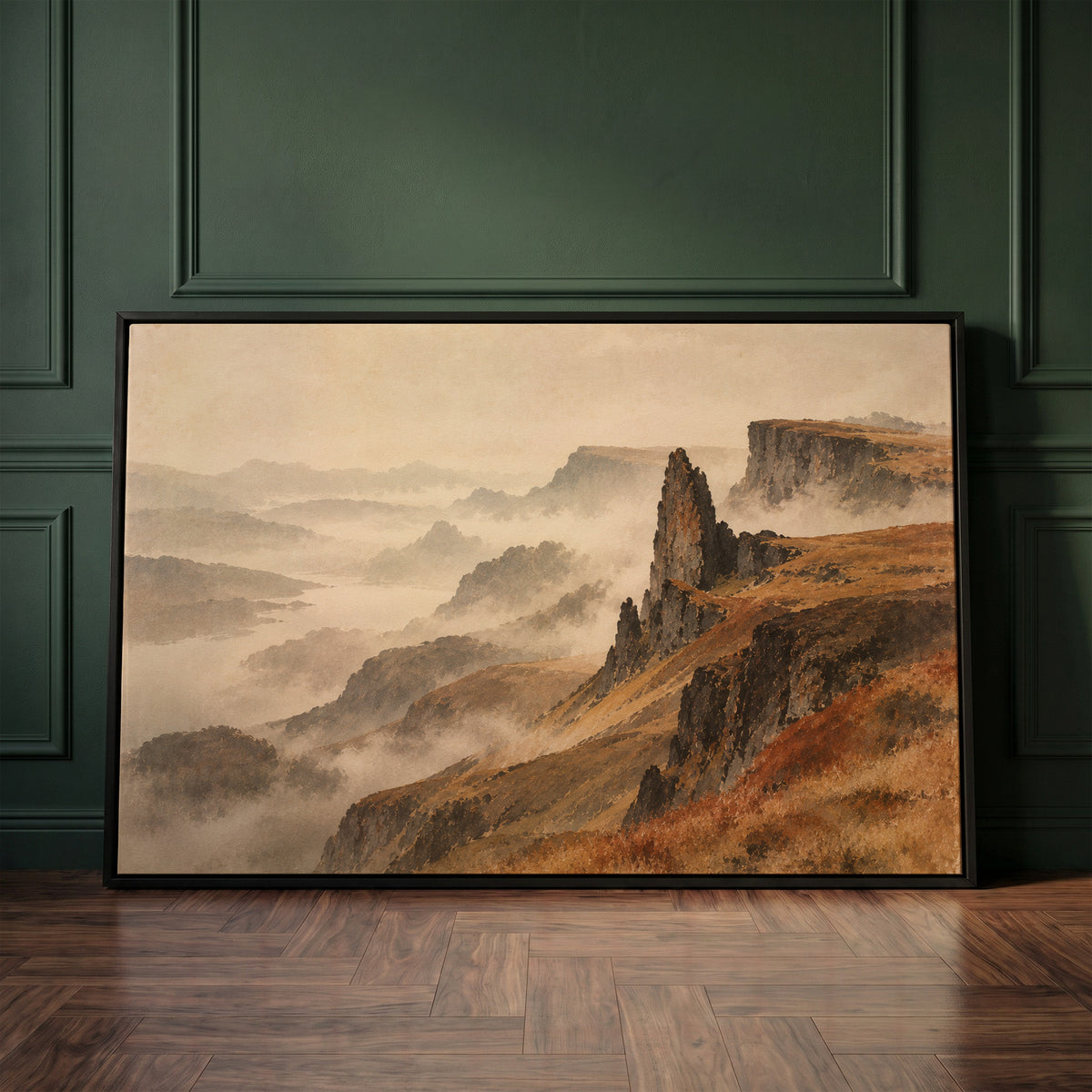 Ink wash painting canvas wall art showing rock pinnacle and flat topped plateau above misty ridges falling to a distant loch