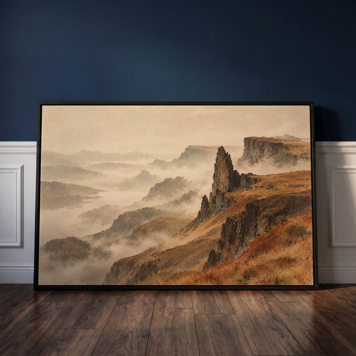 Isle of skye canvas wall art showing rock pinnacle and flat topped plateau above misty ridges falling to a distant loch