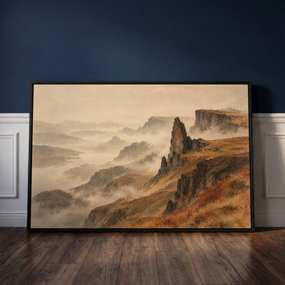 Isle of skye canvas wall art showing rock pinnacle and flat topped plateau above misty ridges falling to a distant loch