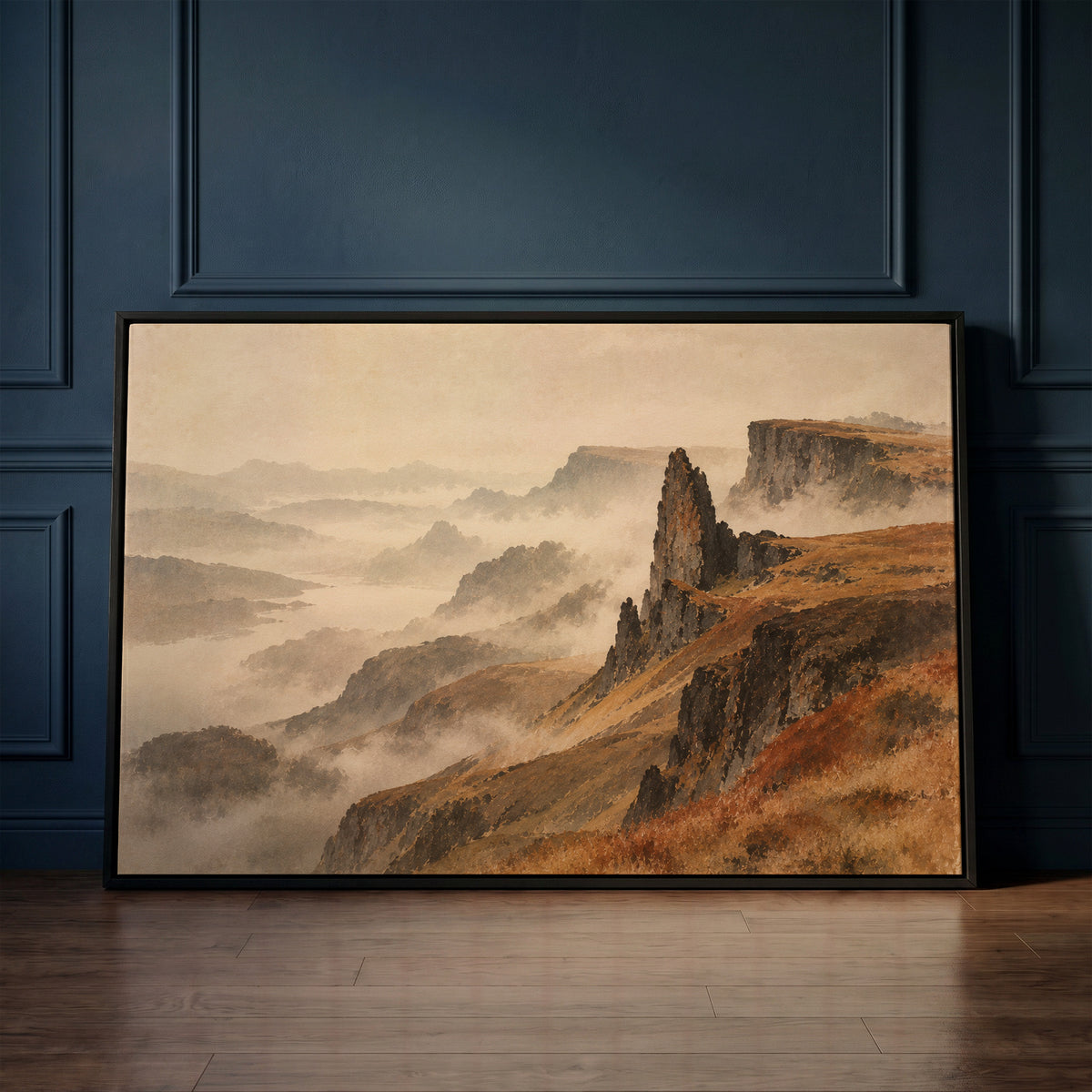 Misty mountain canvas wall art showing rock pinnacle and flat topped plateau above misty ridges falling to a distant loch