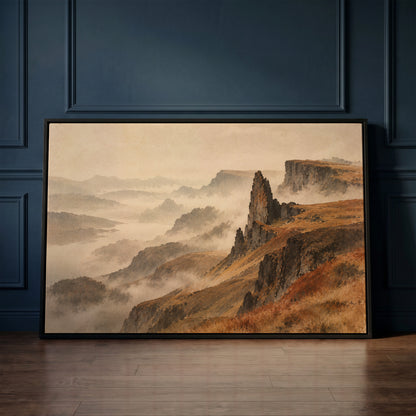 Misty mountain canvas wall art showing rock pinnacle and flat topped plateau above misty ridges falling to a distant loch