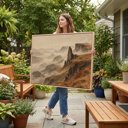 Cliff canvas wall art showing rock pinnacle and flat topped plateau above misty ridges falling to a distant loch