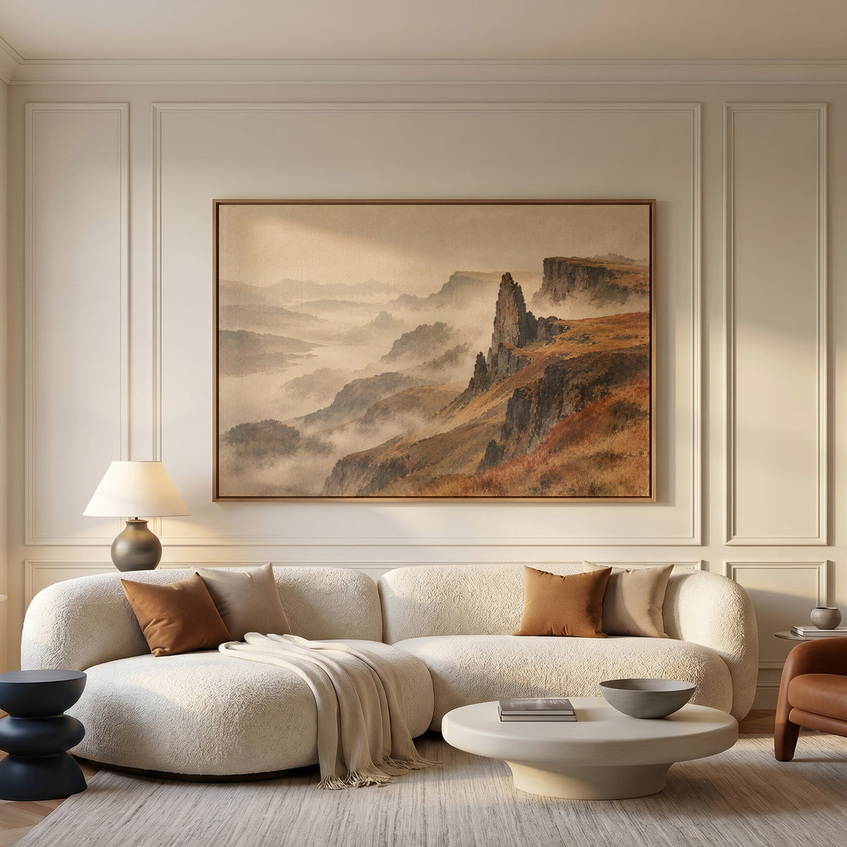 Scotland canvas wall art showing rock pinnacle and flat topped plateau above misty ridges falling to a distant loch