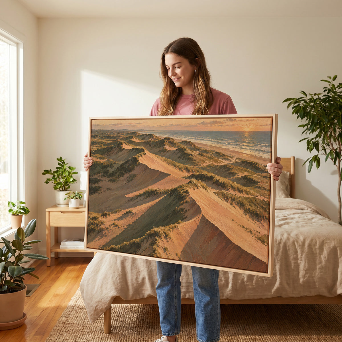 Aerial view of grass covered sand dunes with long shadows running down to the sea, canvas art print