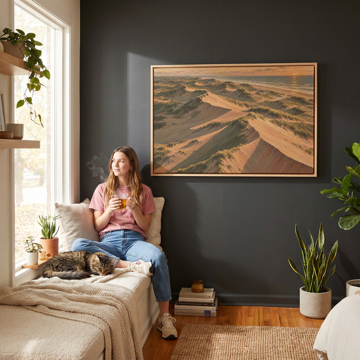 Coastal canvas wall art showing aerial view of grass covered sand dunes with long shadows running down to the sea