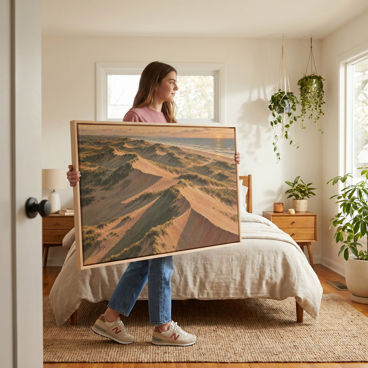 Sunrise canvas canvas wall art showing aerial view of grass covered sand dunes with long shadows running down to the sea