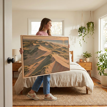 Sunrise canvas canvas wall art showing aerial view of grass covered sand dunes with long shadows running down to the sea