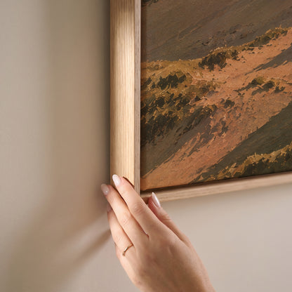 Aerial view of grass covered sand dunes with long shadows running down to the sea, horizontal canvas print