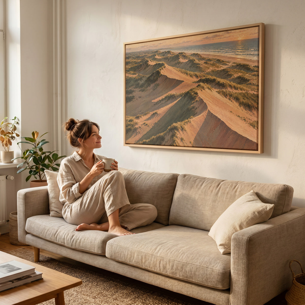 Seaside canvas wall art showing aerial view of grass covered sand dunes with long shadows running down to the sea