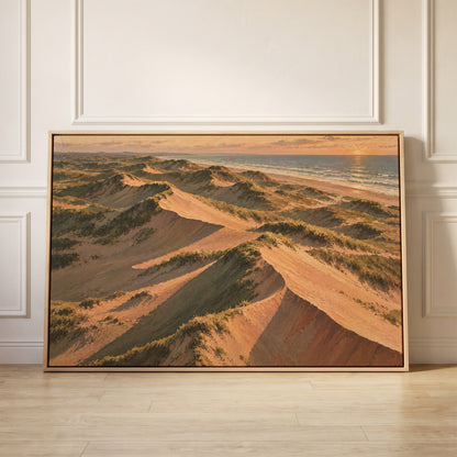 Aerial view of grass covered sand dunes with long shadows running down to the sea, canvas wall art