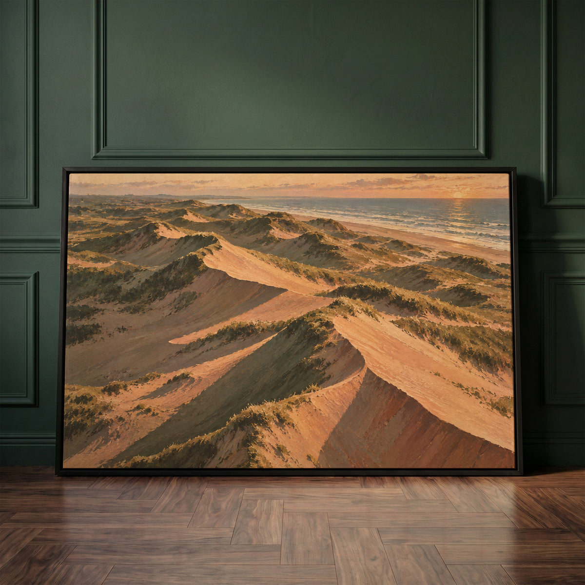 Warm neutral canvas wall art showing aerial view of grass covered sand dunes with long shadows running down to the sea