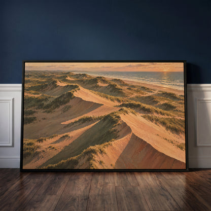 Nature canvas wall art showing aerial view of grass covered sand dunes with long shadows running down to the sea