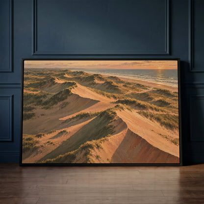 Sand dunes canvas wall art showing aerial view of grass covered sand dunes with long shadows running down to the sea