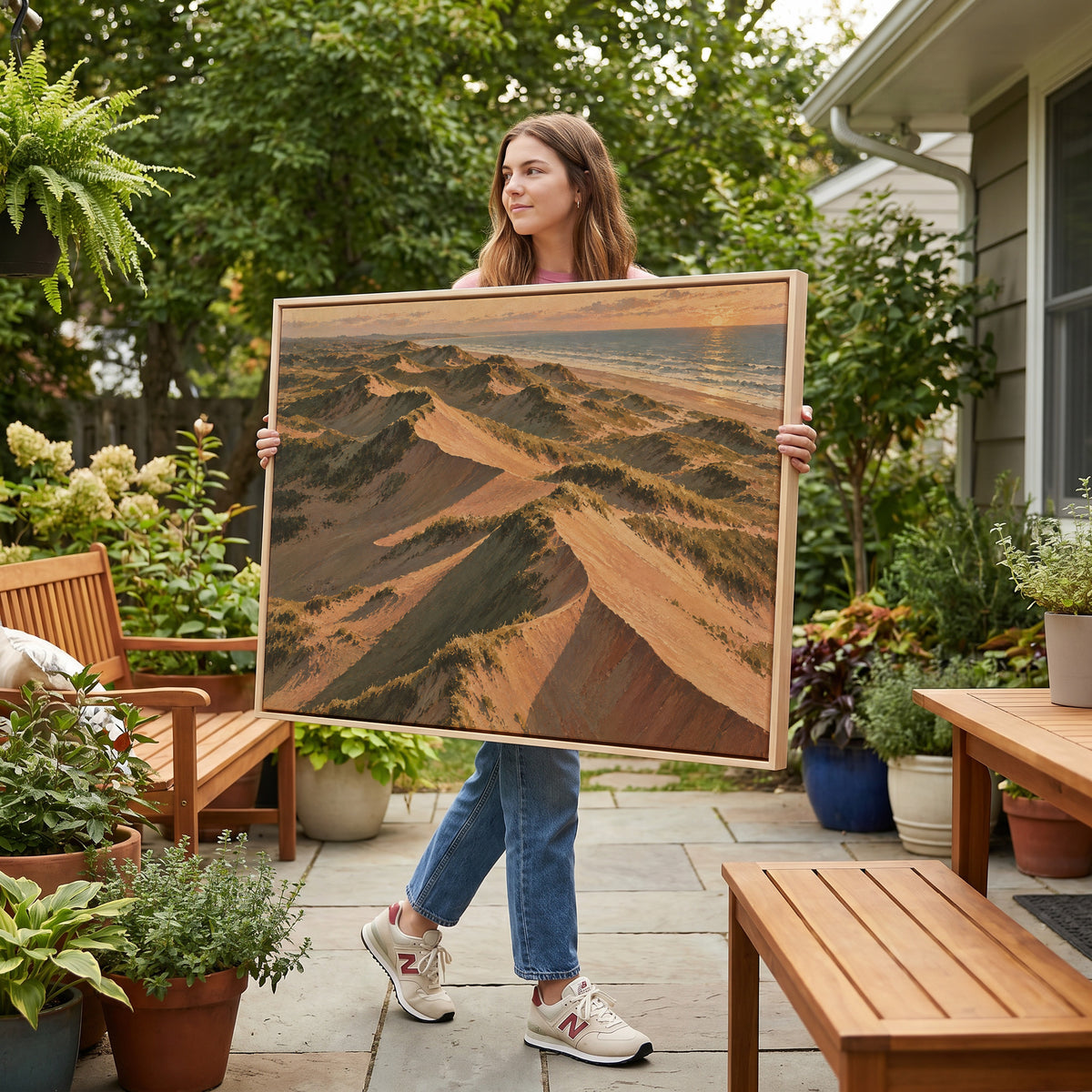 Aerial view of grass covered sand dunes with long shadows running down to the sea, canvas print