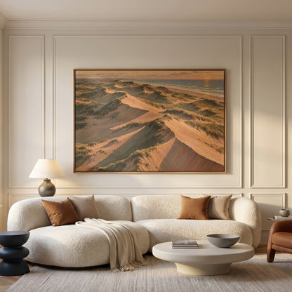 Aerial view of grass covered sand dunes with long shadows running down to the sea, wall art print