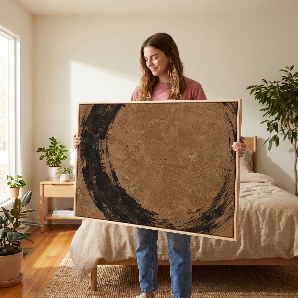 Rough black brush circle running off all four edges of a warm brown aged ground, enso horizontal canvas print