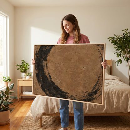 Rough black brush circle running off all four edges of a warm brown aged ground, enso horizontal canvas print
