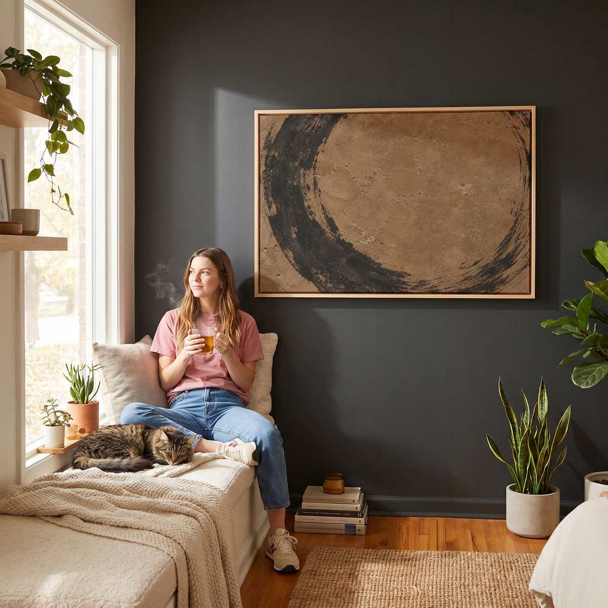 Black and brown canvas wall art showing rough black brush circle running off all four edges of a warm brown aged ground