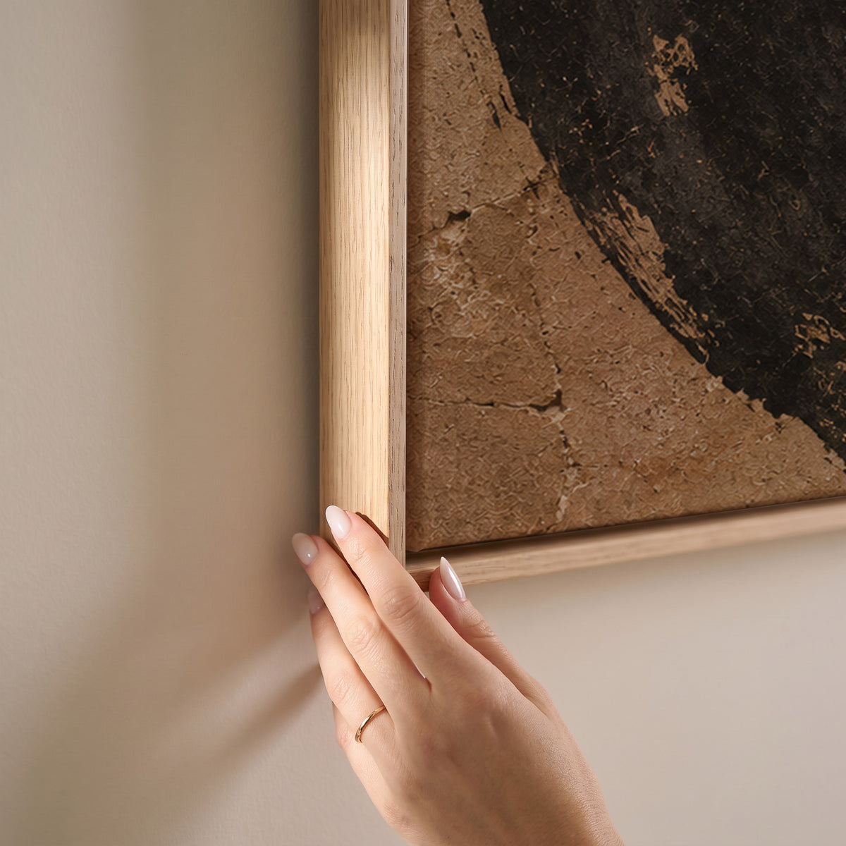Rough black brush circle running off all four edges of a warm brown aged ground, horizontal canvas print