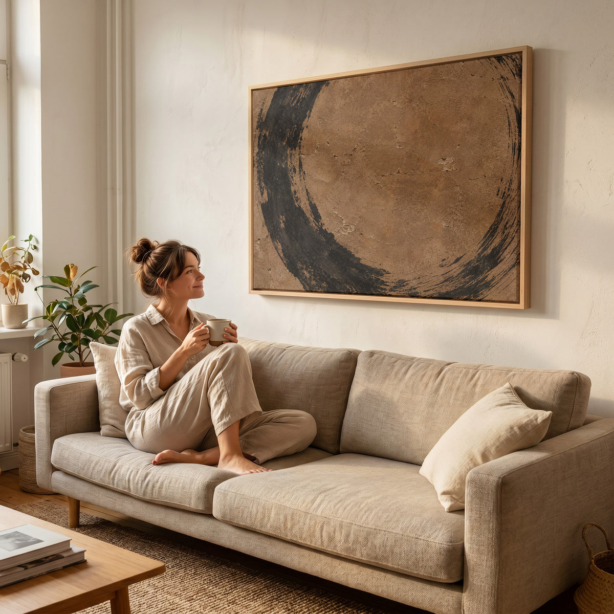Minimalist canvas wall art showing rough black brush circle running off all four edges of a warm brown aged ground