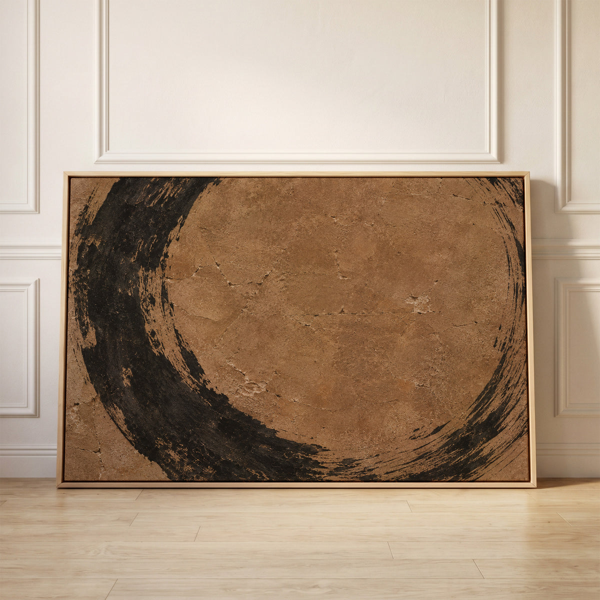 Rough black brush circle running off all four edges of a warm brown aged ground, canvas wall art