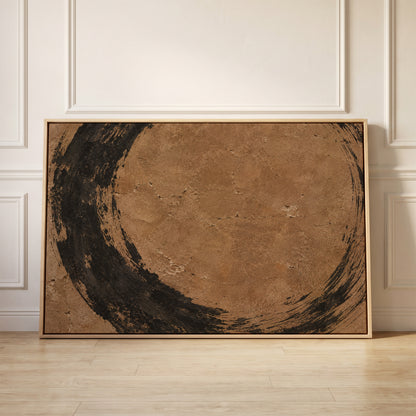 Rough black brush circle running off all four edges of a warm brown aged ground, canvas wall art