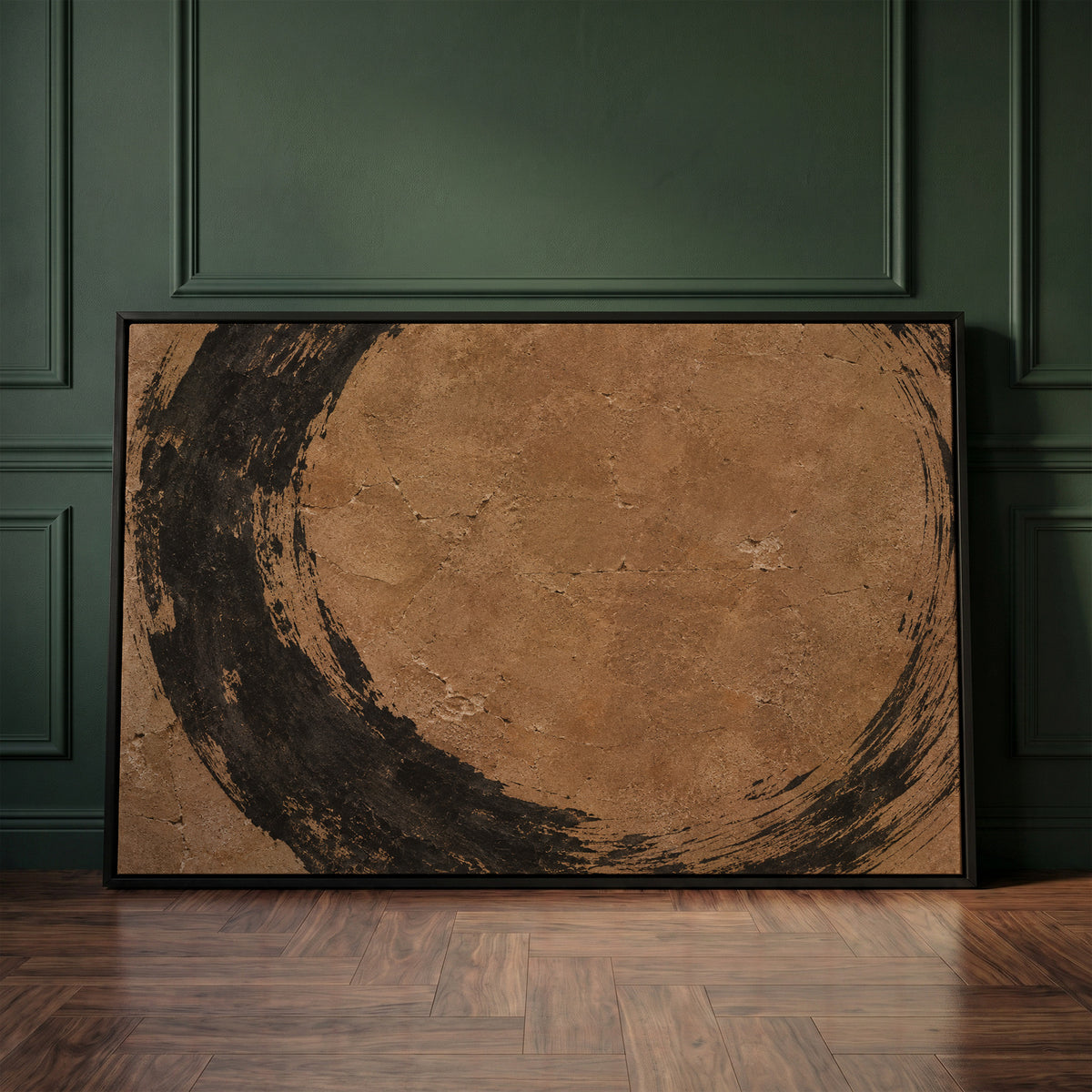 Rough black brush circle running off all four edges of a warm brown aged ground, wall art print