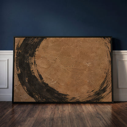 Brown canvas wall art showing rough black brush circle running off all four edges of a warm brown aged ground