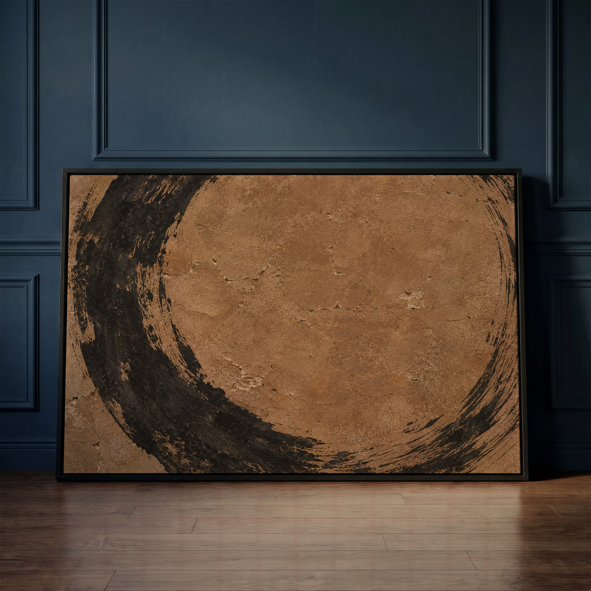Organic neutrals canvas wall art showing rough black brush circle running off all four edges of a warm brown aged ground