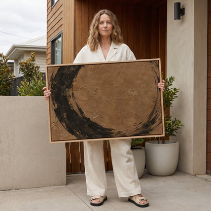 Rough black brush circle running off all four edges of a warm brown aged ground, canvas art print