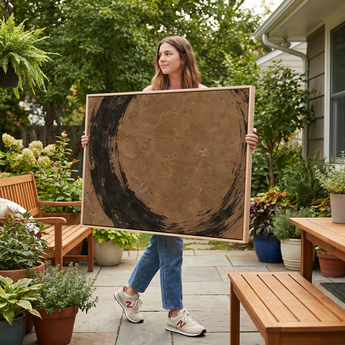 Enso canvas wall art showing rough black brush circle running off all four edges of a warm brown aged ground
