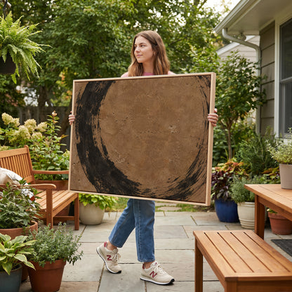 Enso canvas wall art showing rough black brush circle running off all four edges of a warm brown aged ground