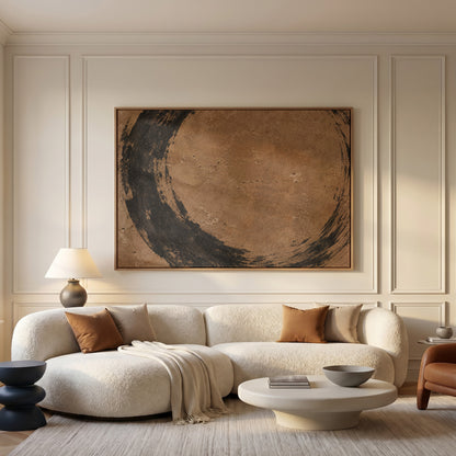 Japandi canvas wall art showing rough black brush circle running off all four edges of a warm brown aged ground