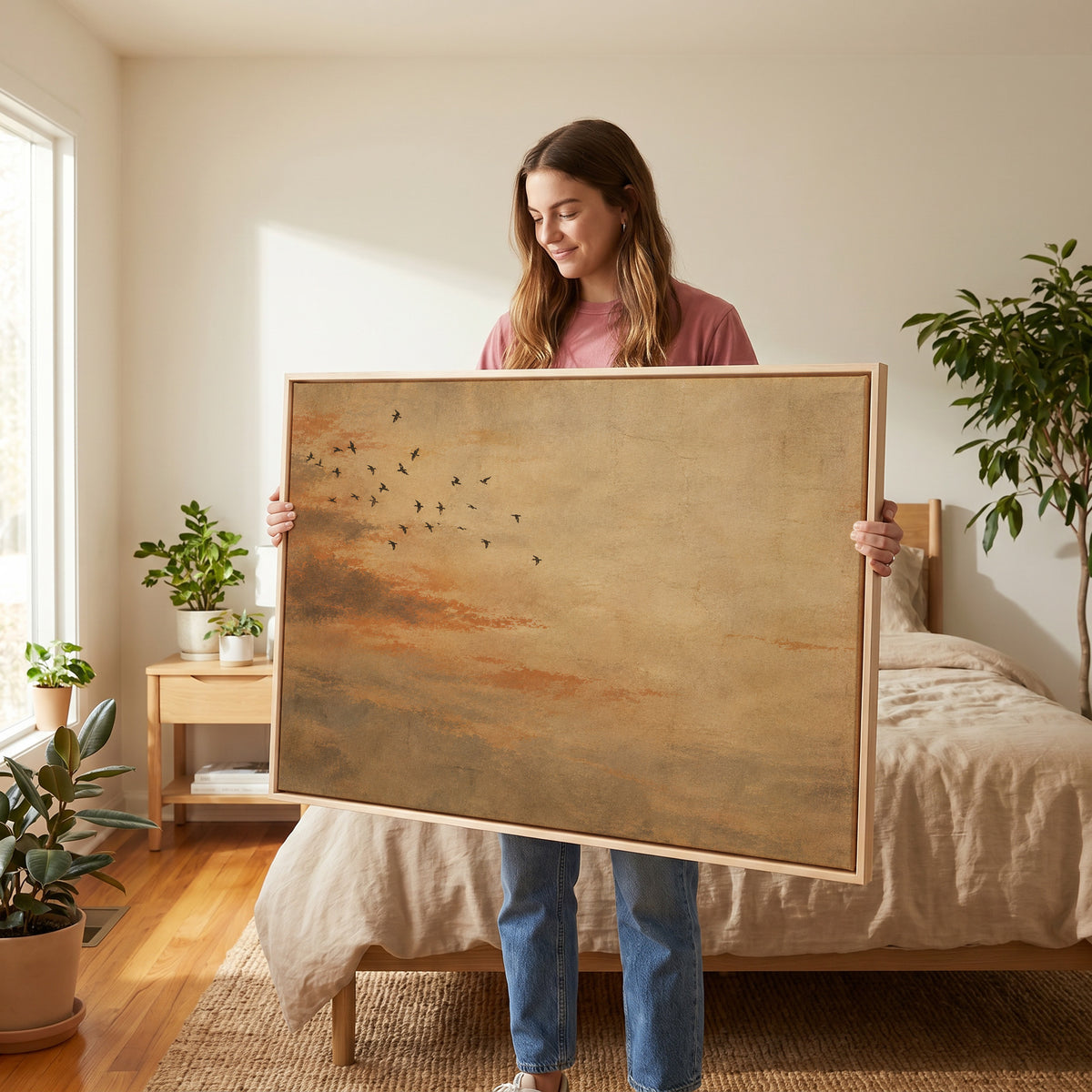 Small flock of dark birds flying across a warm ochre and rust coloured sky, wall art print